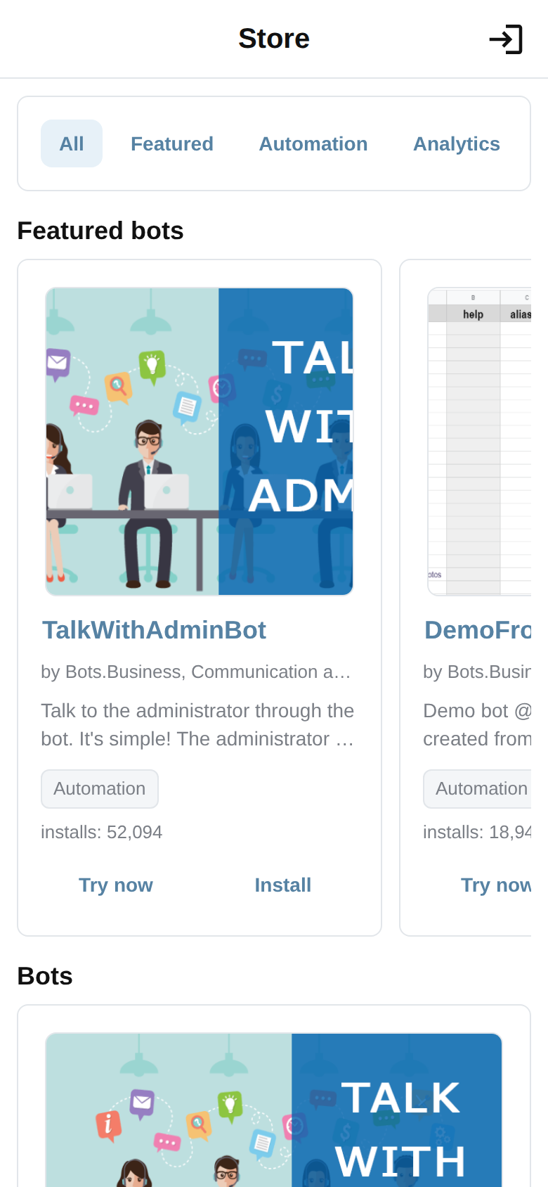 Public Bots.Business Store showing real featured Telegram bots