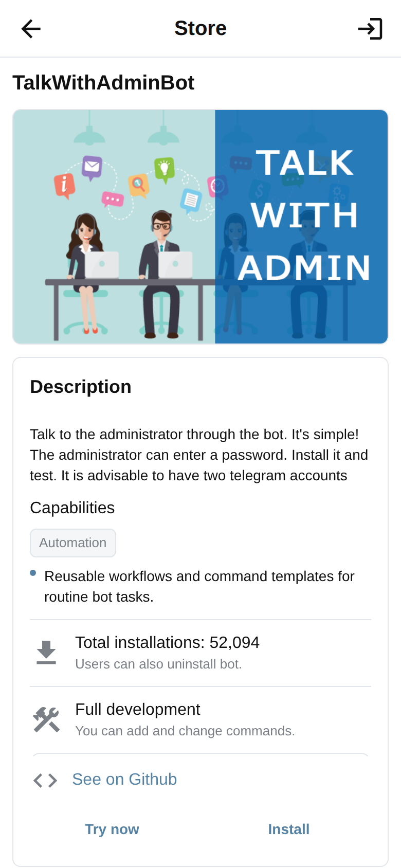 TalkWithAdminBot detail page with description, capabilities and Install action
