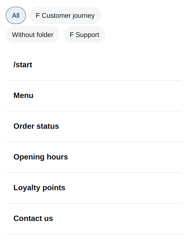 Bots.Business Commands screen showing the /start command