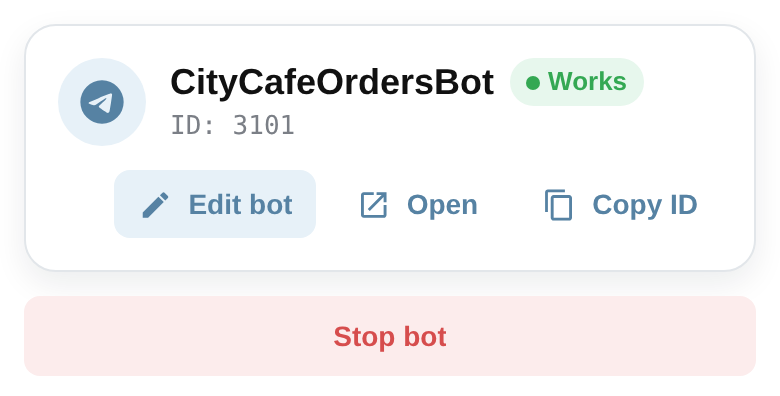 Running CityCafeOrdersBot dashboard with Open and Stop bot actions