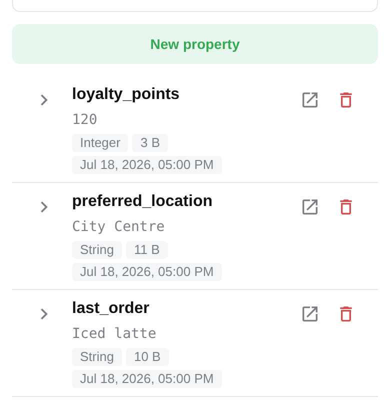 Bots.Business properties showing loyalty points, preferred location and last order