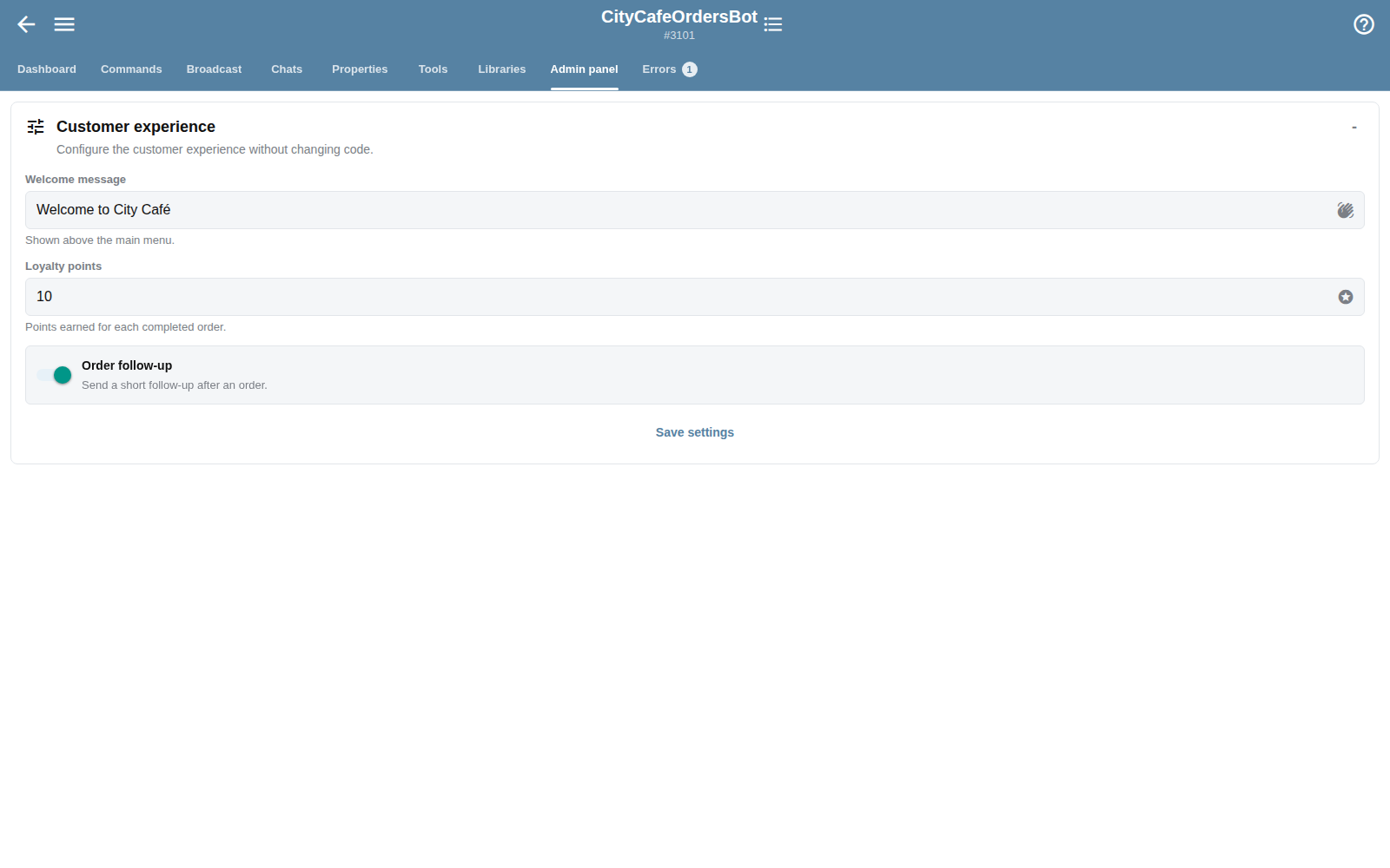Typed Admin Panel configuration for a fictional client bot