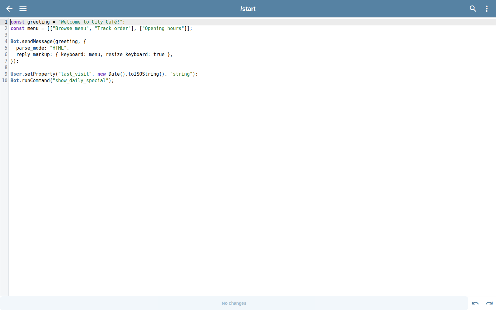 Bots.Business BJS command editor with fictional code