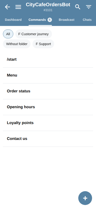 A fictional /start command in the Bots.Business mobile app