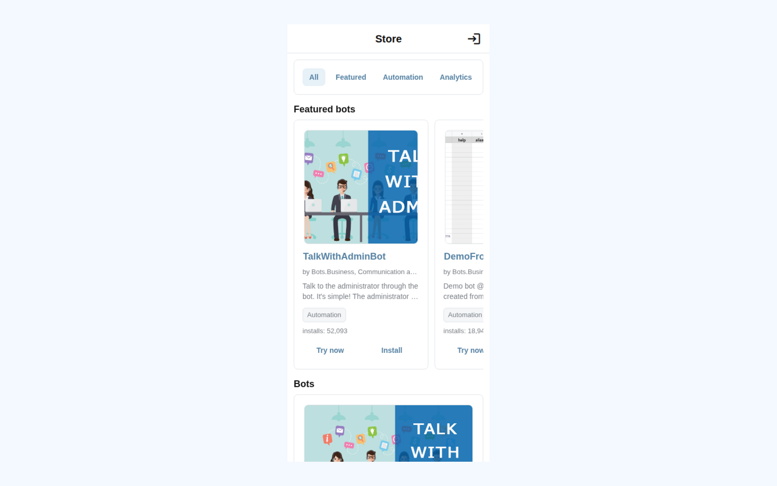 Public Bots.Business Store with real bot cards